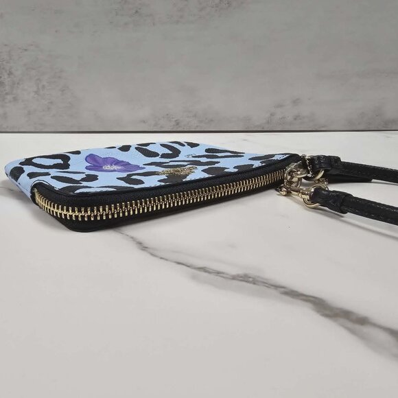 Coach Blue and Black Leopard Pebbled Leather Zip Around Wristlet - Custom Design - Picture 5 of 7